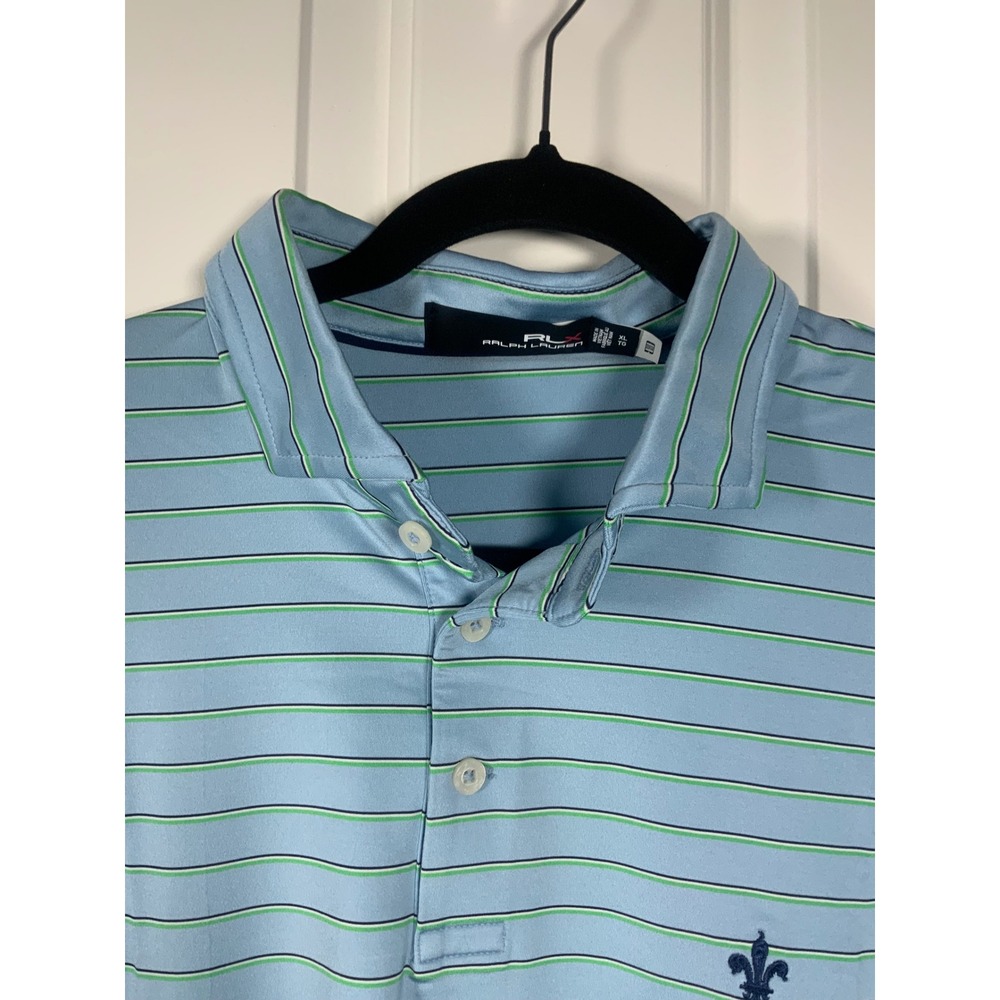 RLX Ralph Lauren Mens XL Blue Striped Performance Golf Polo Shirt Fleur De Lis
